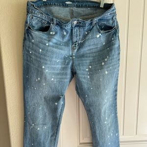 Old Navy, boyfriend cut bleach spot jeans.